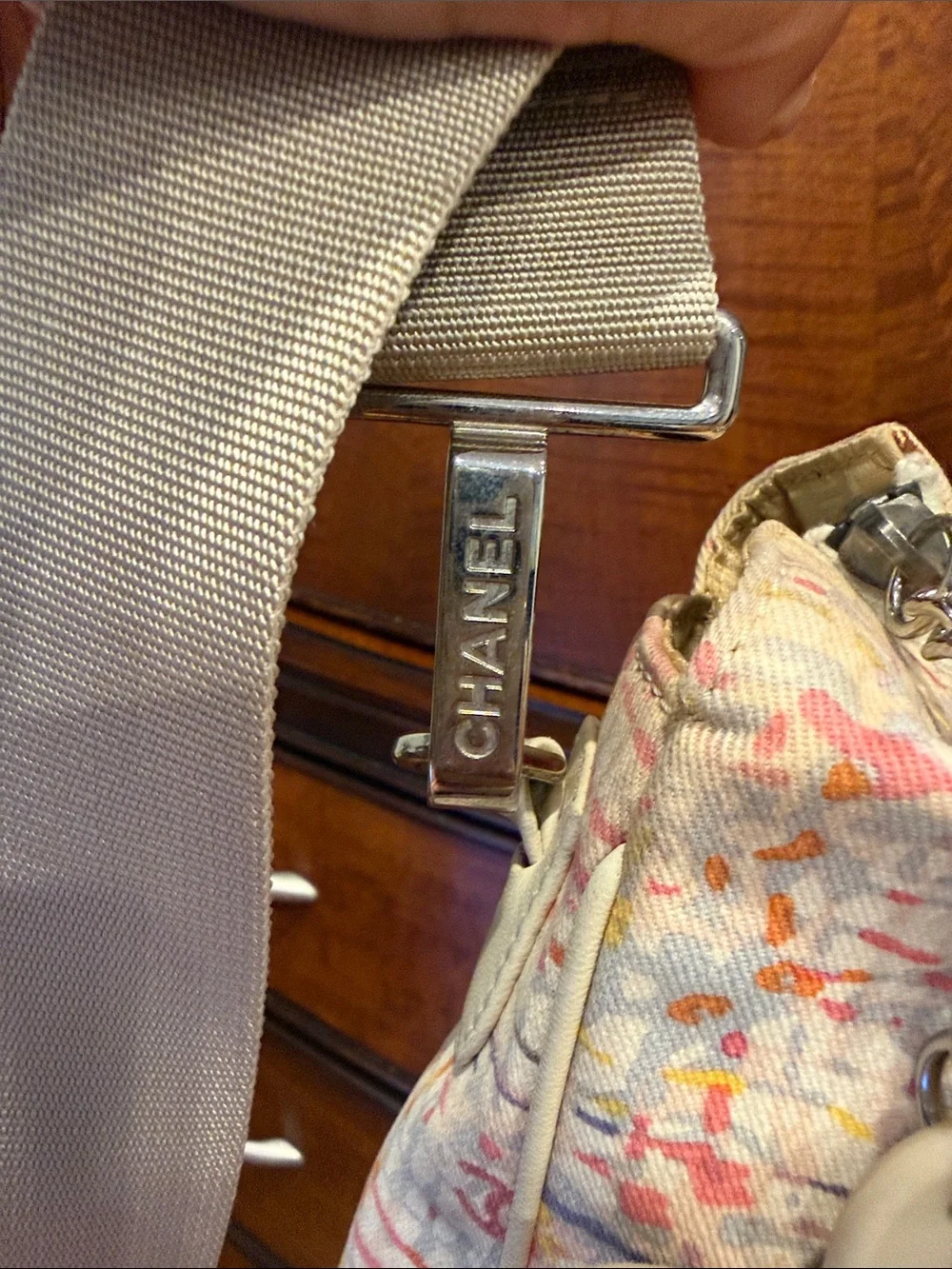 CHANEL Multicolor Printed Canvas Tote with Cream Leather Trim and Strap